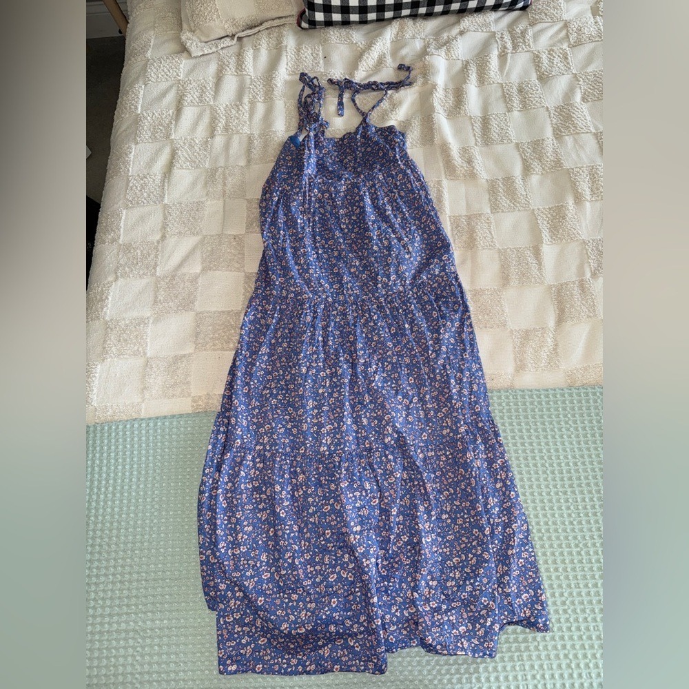 Madewell Tie Strap Blue and White Smocked Tiered Midi Sundress XS